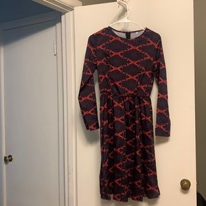 Blue and red knee length long sleeve dress